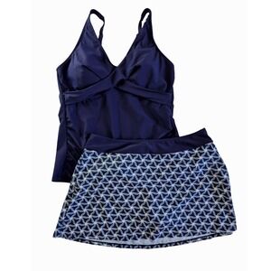 Talisea Navy Blue Tankini Swim Skirt Set XXL Geometric Print Ruched Top NWOT